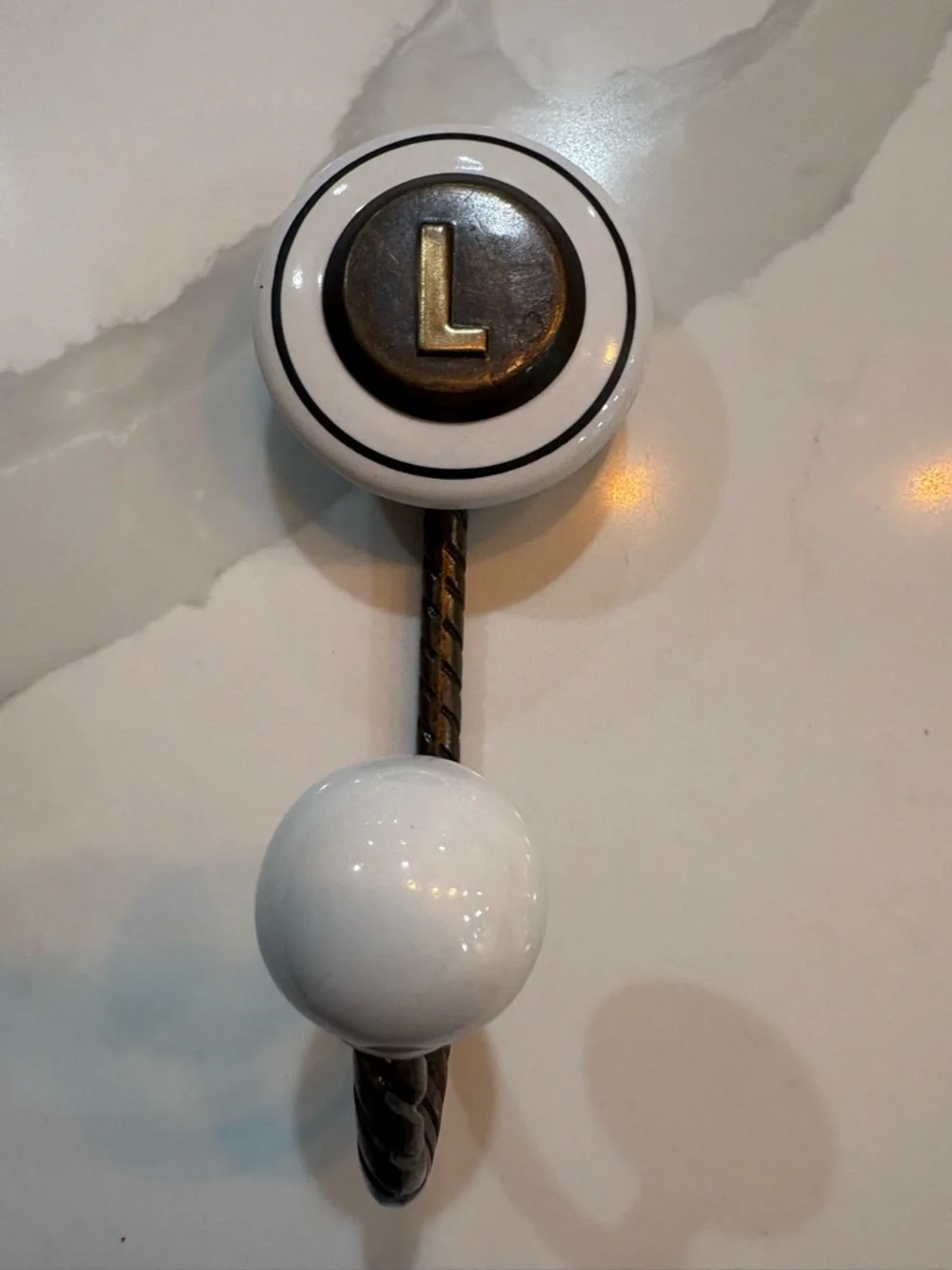 Anthropologie White Ceramic & Bronze 'L' Wall Hook